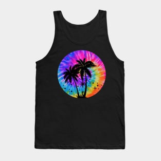 Tie Dye Palm Tree Beach Scene: Trippy Hippie Boho Tropical Pink Rainbow Neon Colors Tank Top